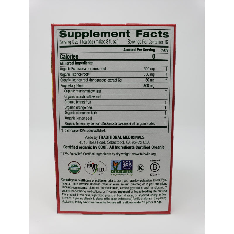 Traditional Medicinals Organic Throat Coat® Herbal Tea Lemon Echinacea 16 Tea Bags Beverages